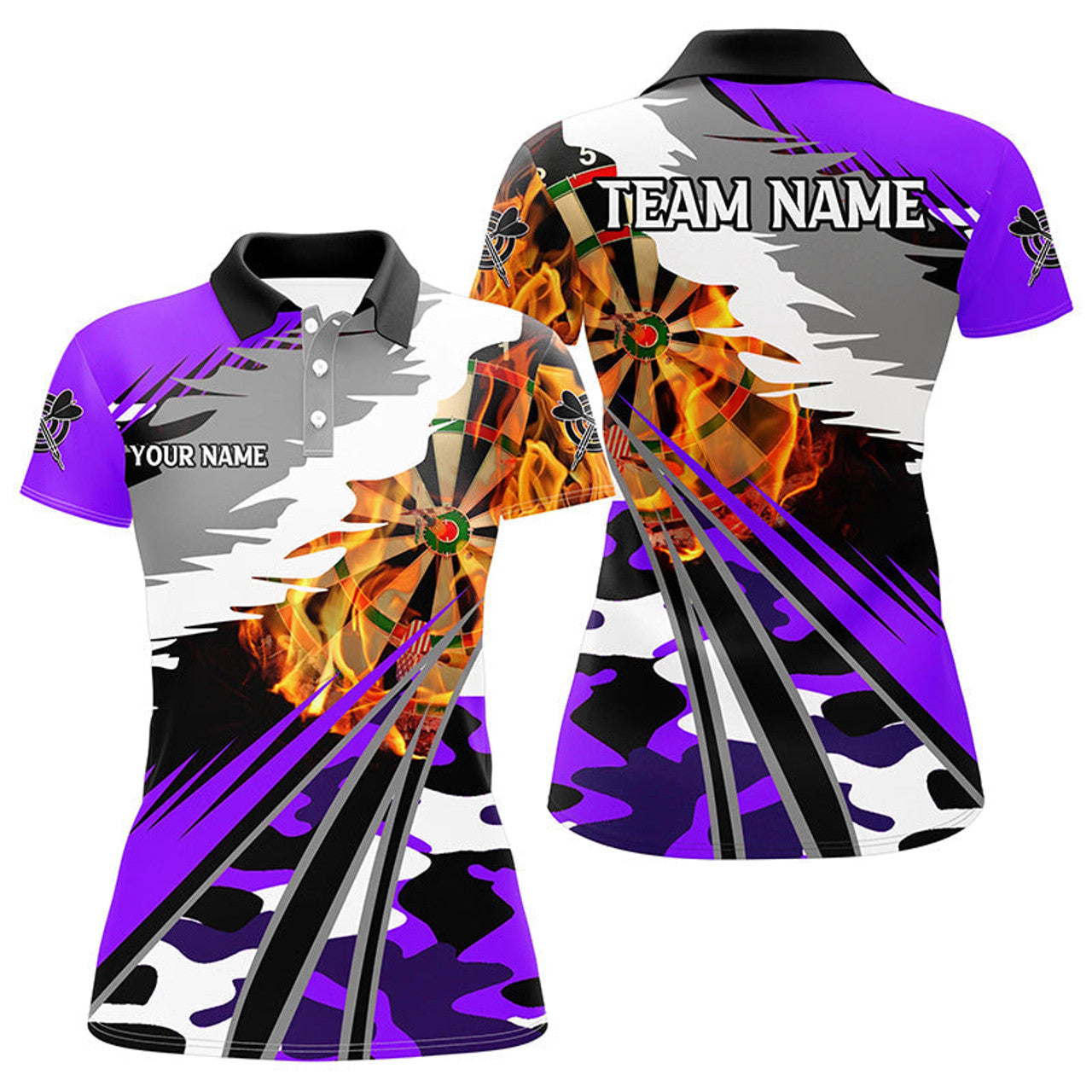 Custom Name Camo Purple Dartboard Fire Design Darts Team Women's Polo Shirts S-5XL
