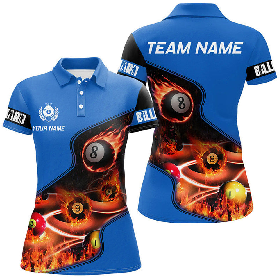 Custom Billiard Flame 3D Blue Pool Design for Players Women's Polo Shirts S-5XL