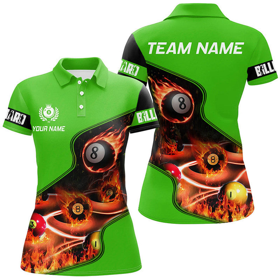 Custom Flame Billiard Balls Green Pool Design Women's Polo Shirts S-5XL