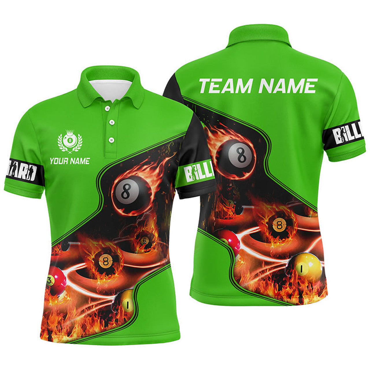 Personalized Flame 3D Billiard Jersey Green Mens Polo Shirt S-5XL