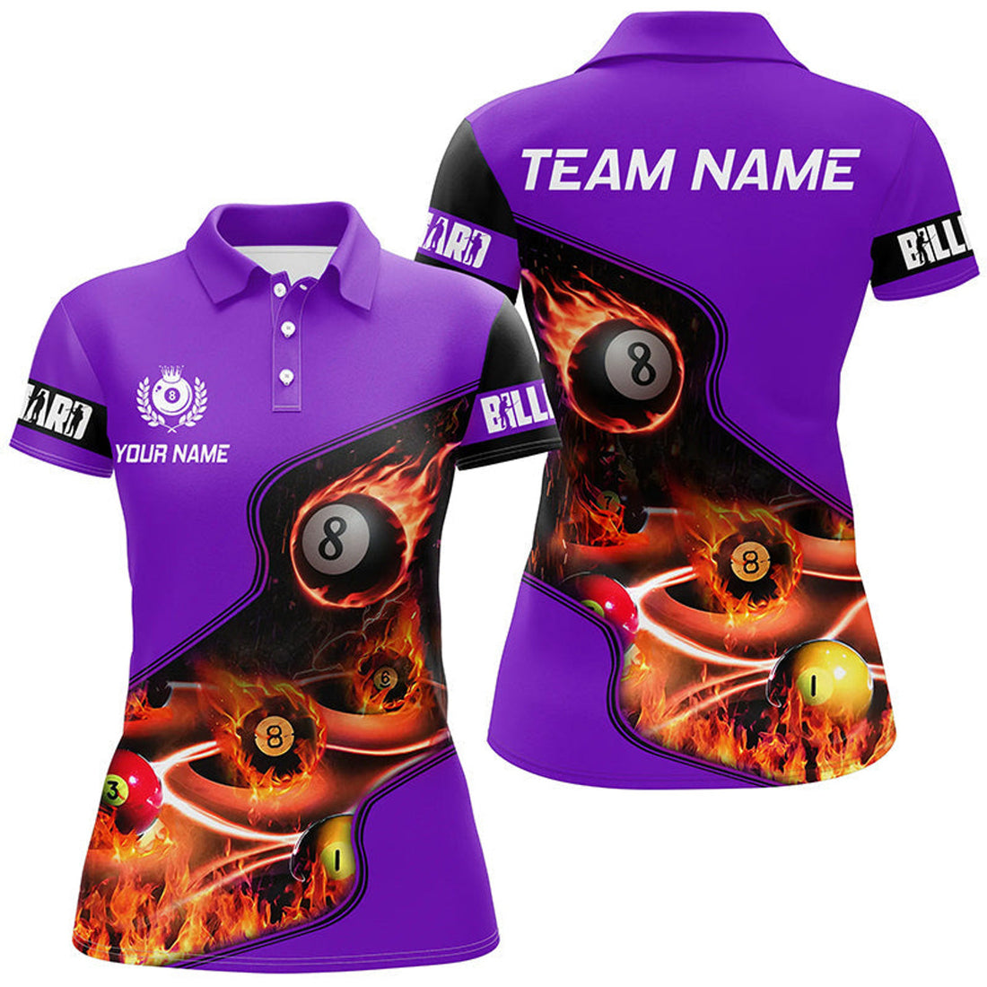 Custom Purple Billiard Flame 3D Pool Design for Player Women's Polo Shirts S-5XL