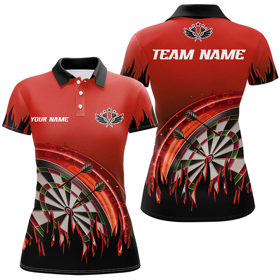 Custom Red Darts Flame Team League Women's Polo Shirts S-5XL