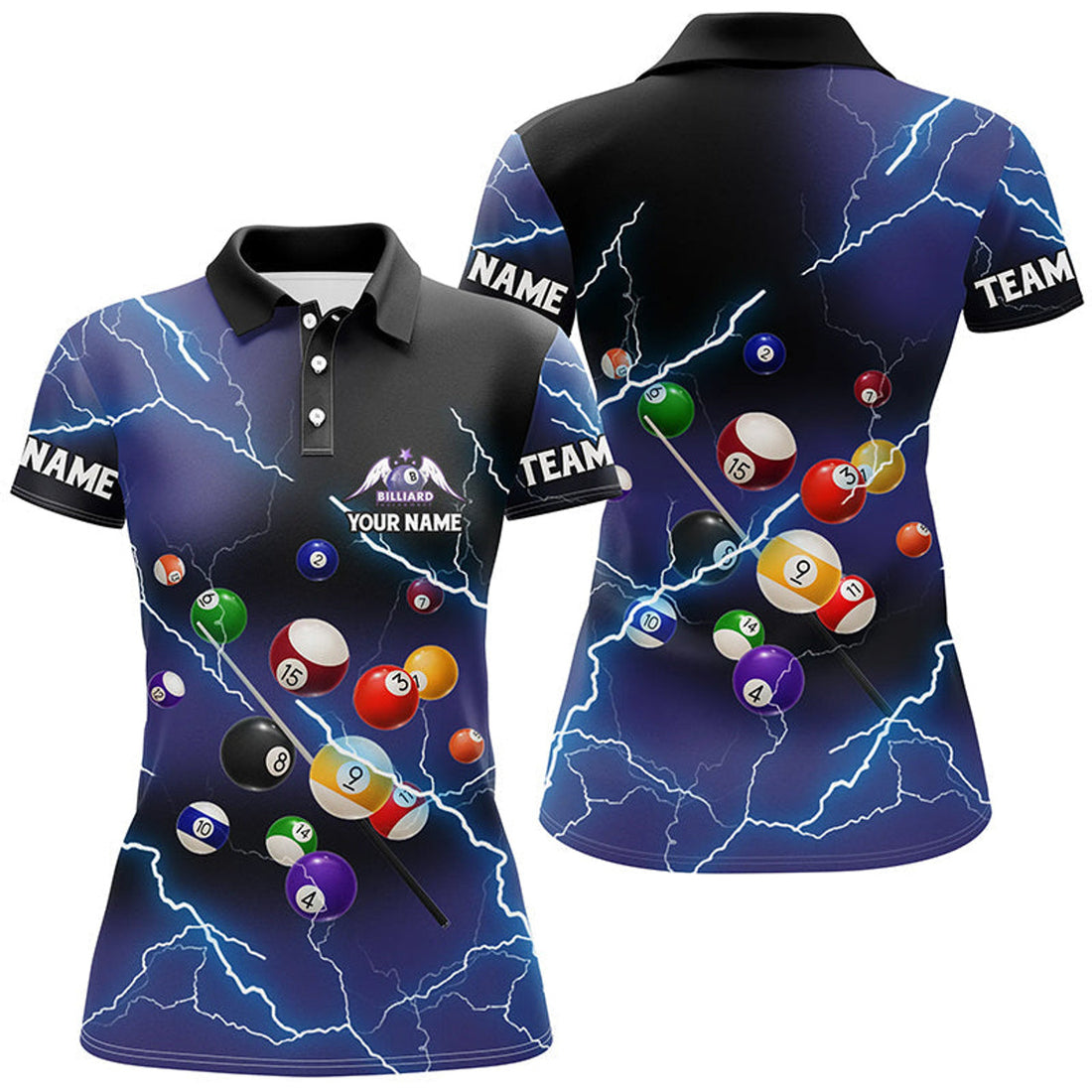 Custom Name Billiard Balls Purple Thunder Lightning Design Women's Polo Shirts S-5XL