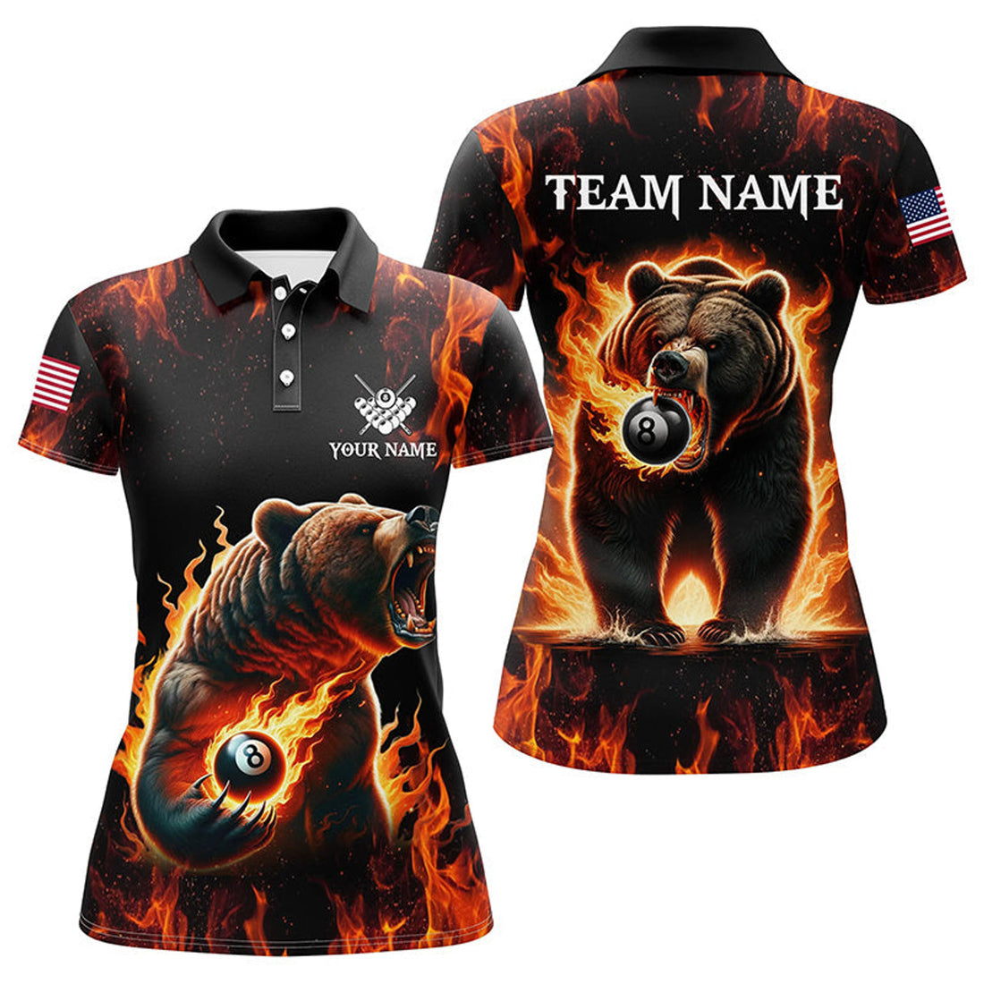 Custom Funny Bear 8 Ball Pool Fire Flame Billiard Women's Polo Shirts S-5XL