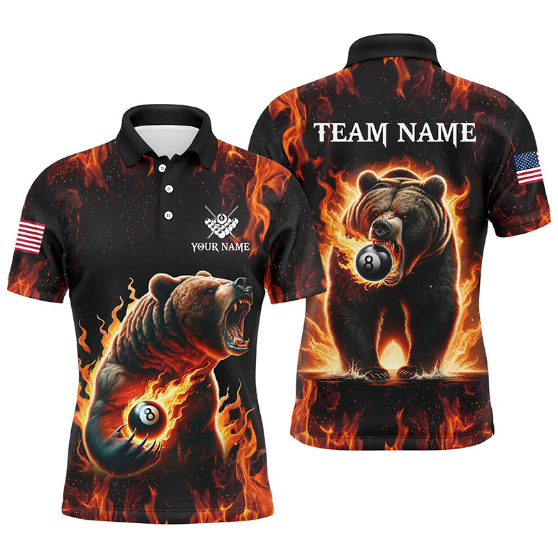 Personalized Funny Bear 8 Ball Pool Fire Flame Billiard Mens Polo Shirt S-5XL
