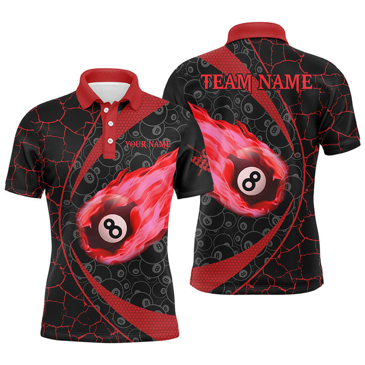 Personalized Black Red Billiard Fire Flame 8 Ball Pool Men's Polo Shirt S-5XL