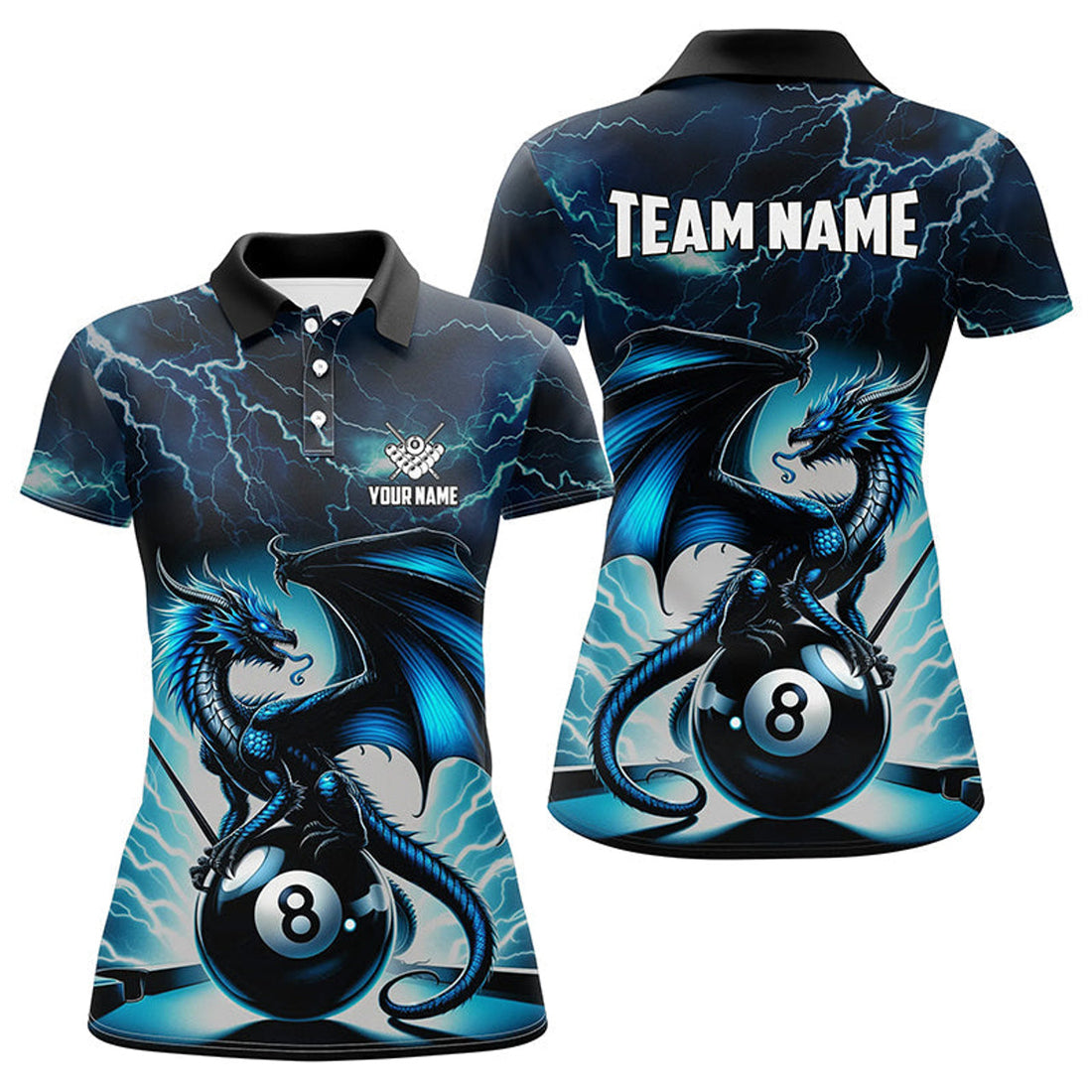 Custom Lightning Thunder Dragon 8 Ball Pool Billiard League Women's Polo Shirts S-5XL