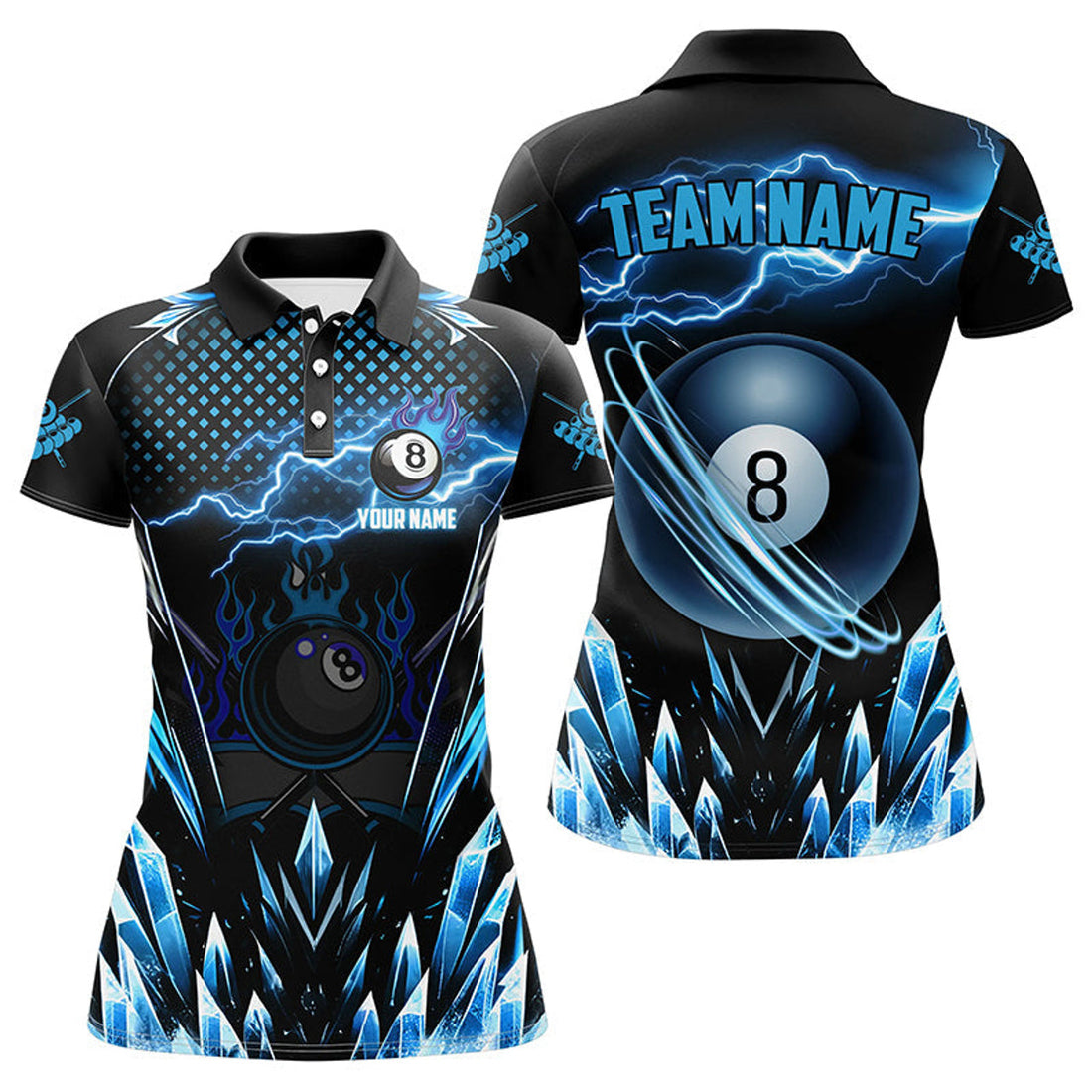 Custom Blue Icy Lightning Billiard 8 Ball Team Polo Women's Polo Shirts S-5XL
