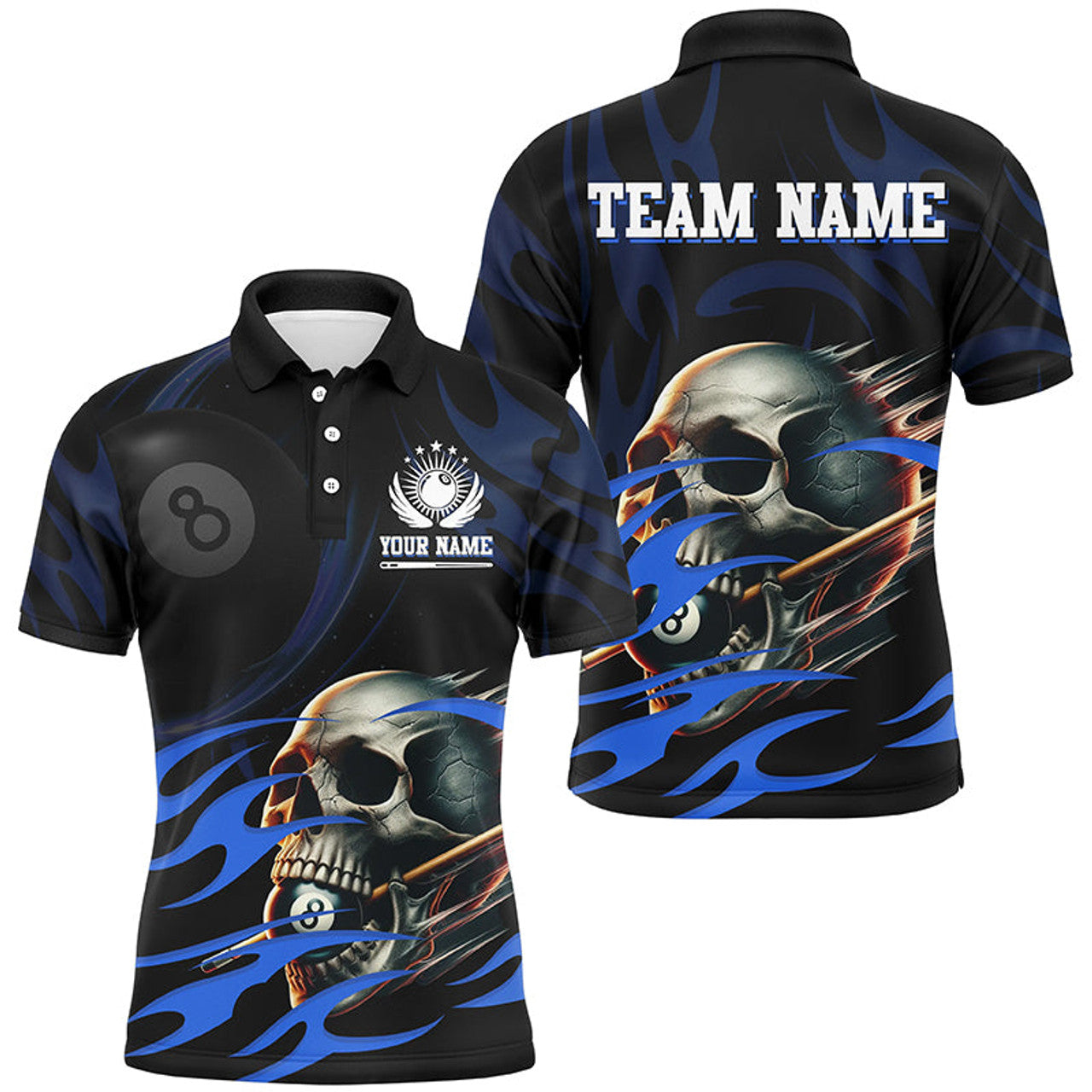 Funny Skull 8 Ball Pool Billiard Custom Men's Polo Shirt S-5XL