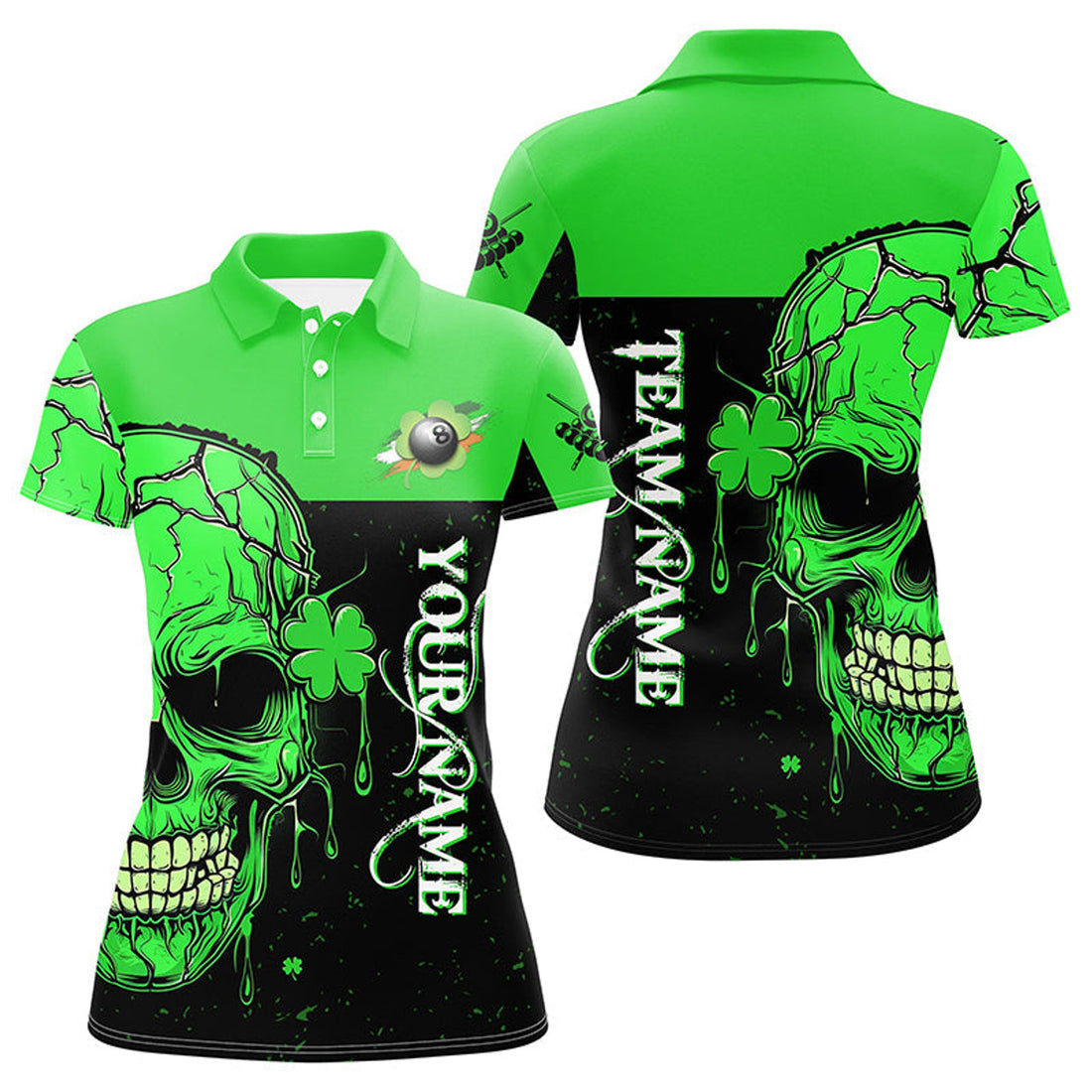 Custom St Patrick's Day Green Billiard Skull Luckiest Women's Polo Shirts S-5XL