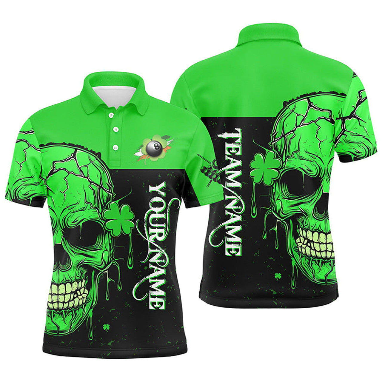 Luckiest St Patrick's Day Green Billiard Skull Custom Men's Polo Shirt S-5XL