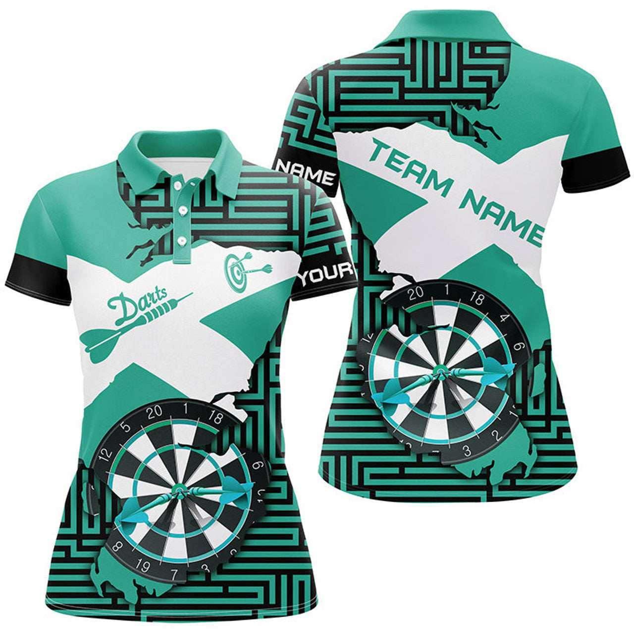 Custom Name Turquoise Darts Polo with Crack Board Women's Polo Shirts S-5XL