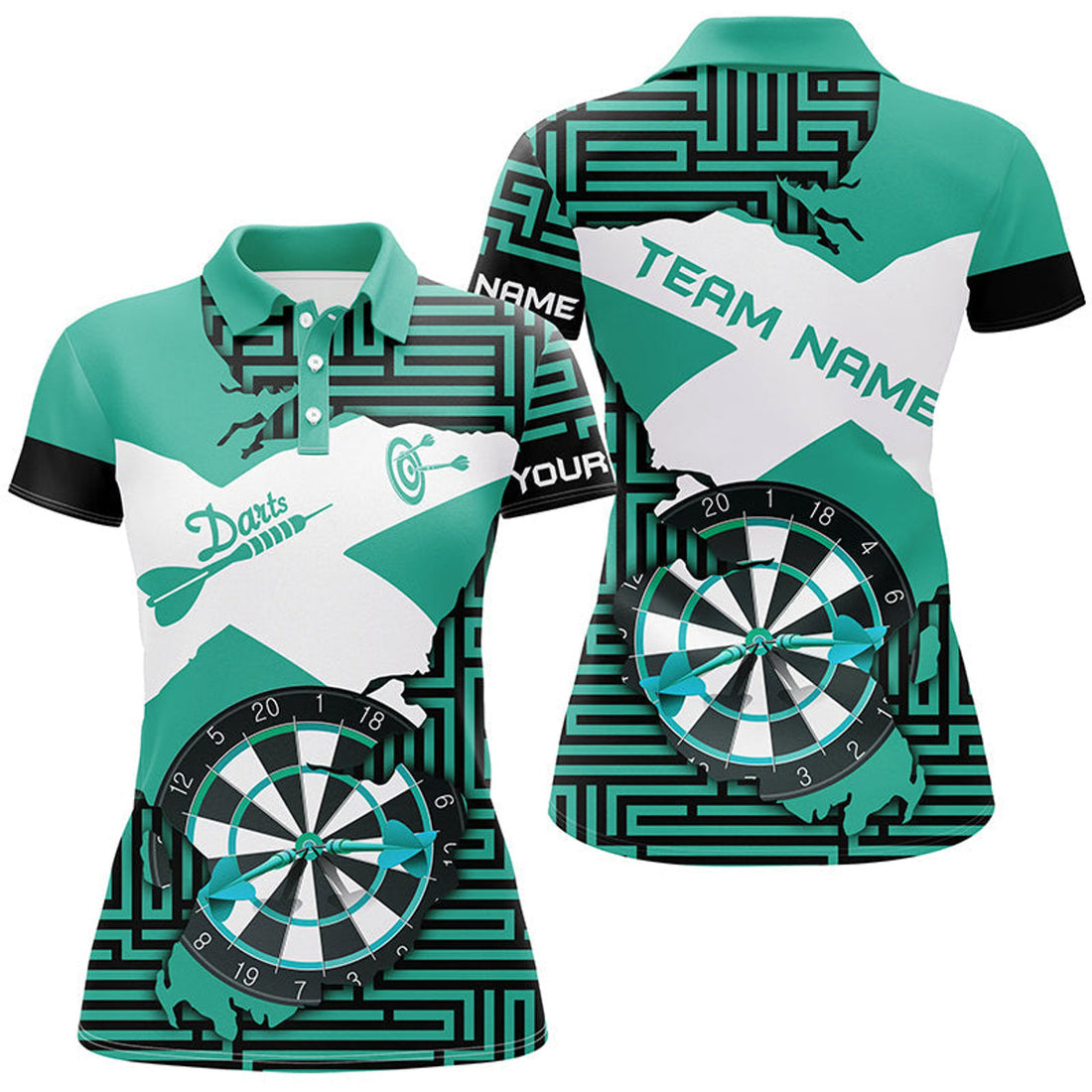 Custom Name Turquoise Darts Polo with Crack Board Women's Polo Shirts S-5XL