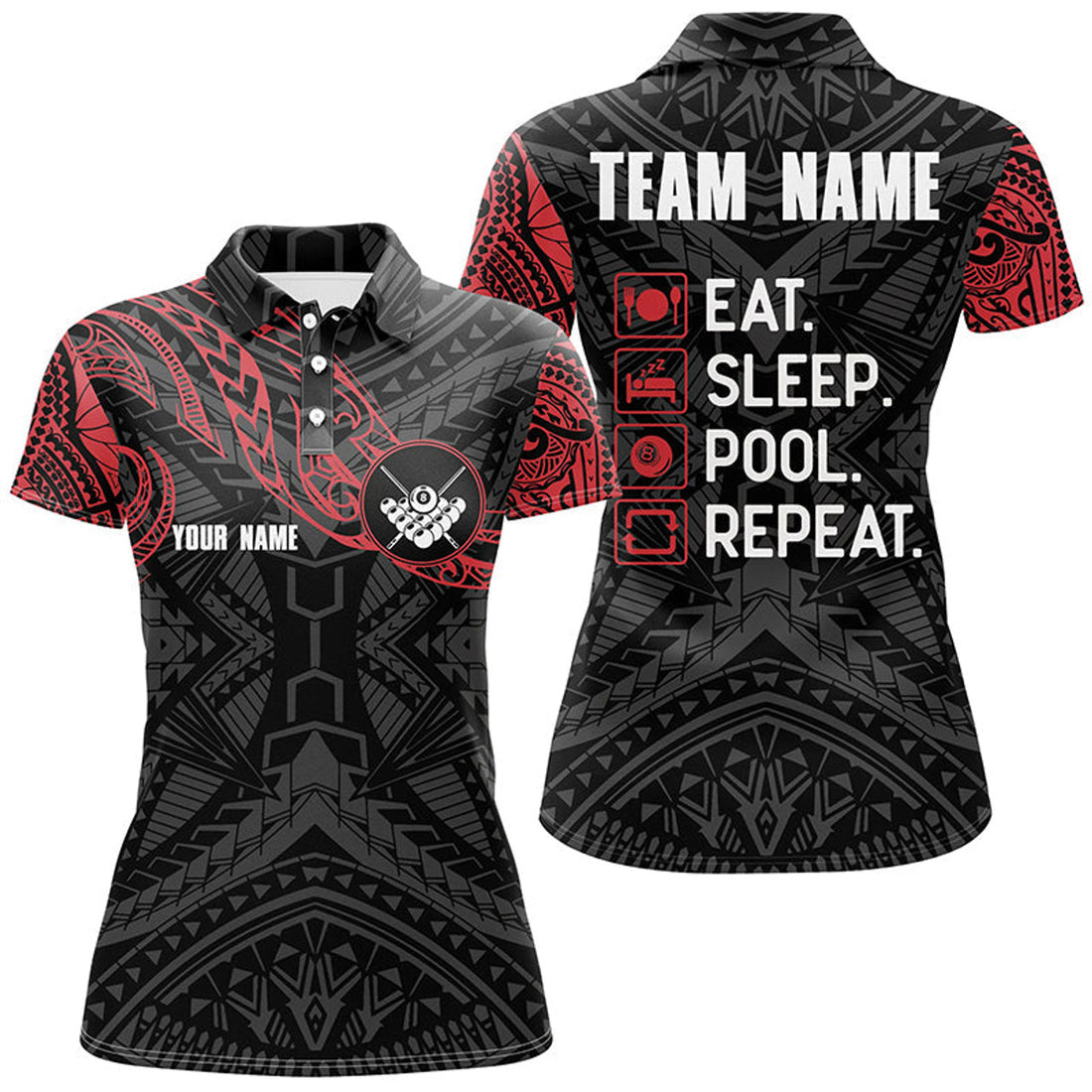 Custom Billiard Black Red Tribal Pattern Name for Women's Polo Shirts S-5XL