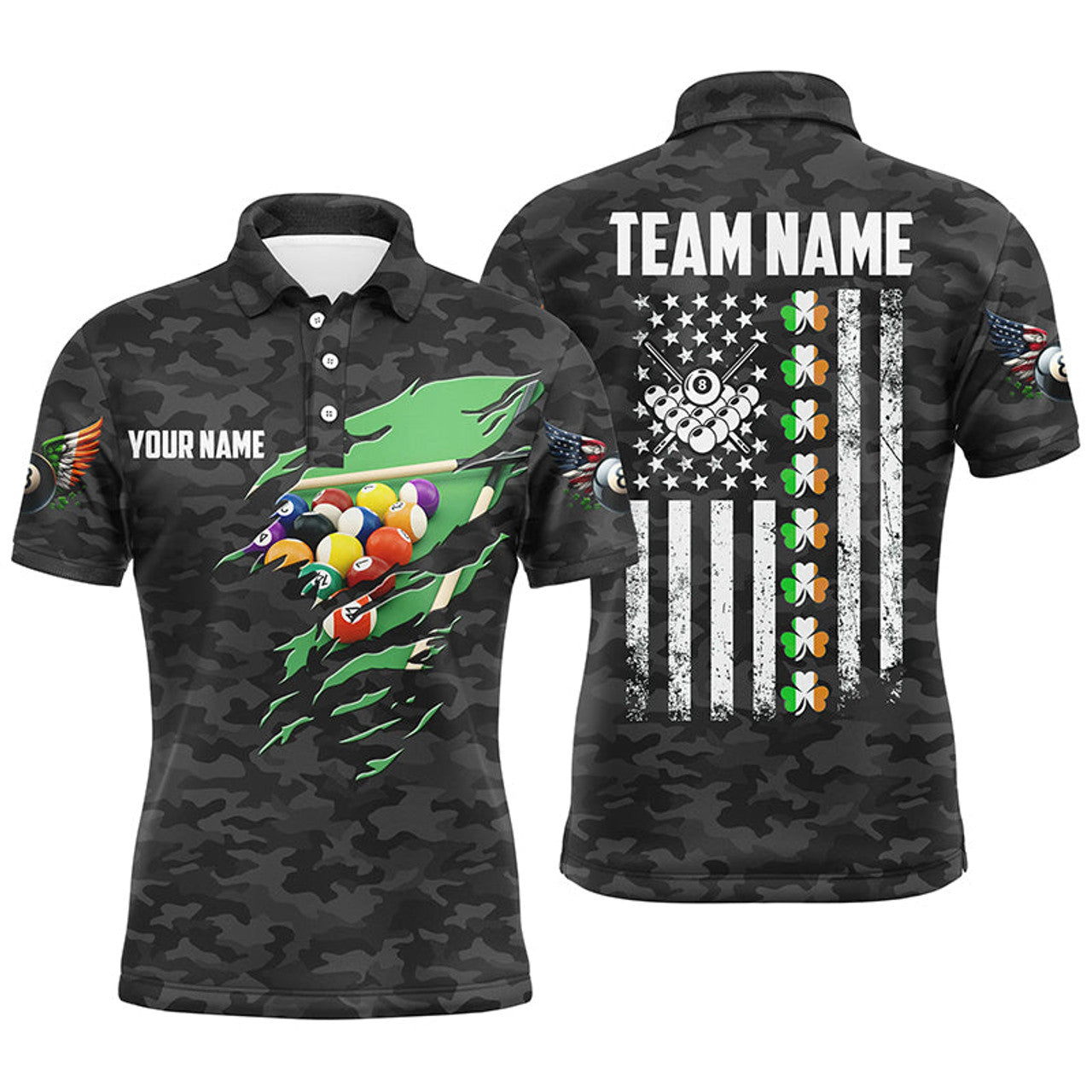 Patriotic Billiard Team St Patrick Day Vintage American Flag Men's Polo Shirt S-5XL