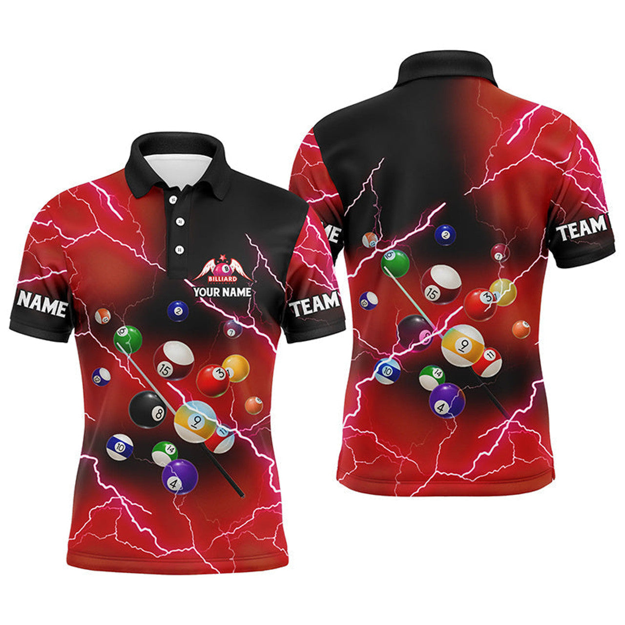 Custom Name Billiard Balls Thunder Lightning Red Men's Polo Shirt S-5XL