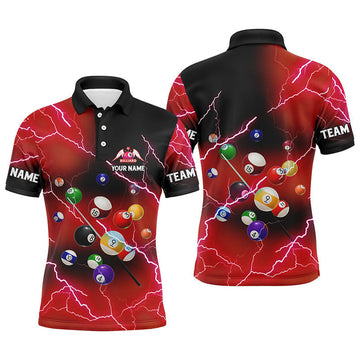 Custom Name Billiard Balls Thunder Lightning Red Men's Polo Shirt S-5XL