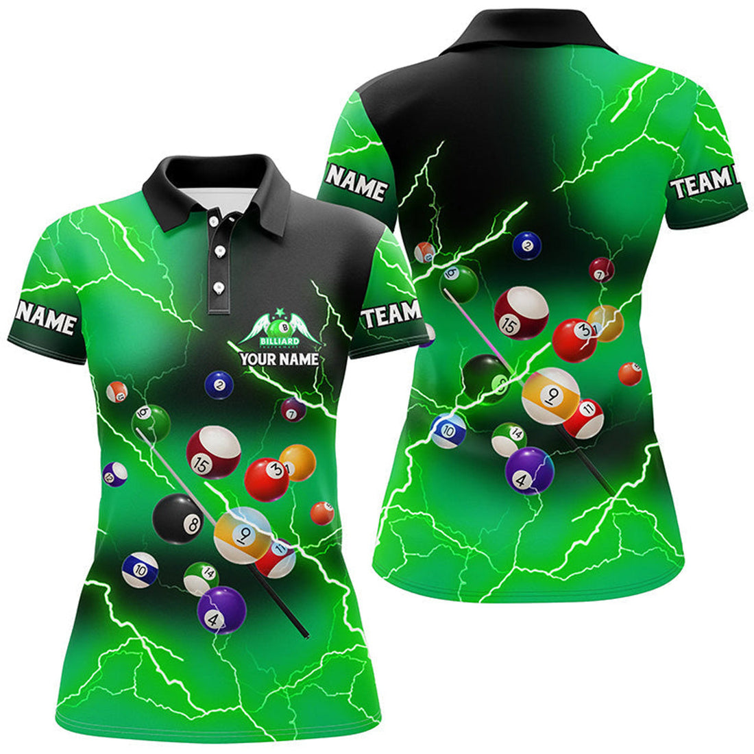 Custom Billiard Balls Thunder Lightning Green 3D Polo Women's Polo Shirts S-5XL