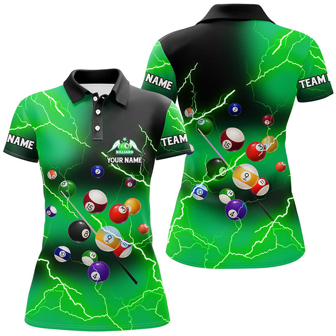 Custom Billiard Balls Thunder Lightning Green 3D Polo Women's Polo Shirts S-5XL