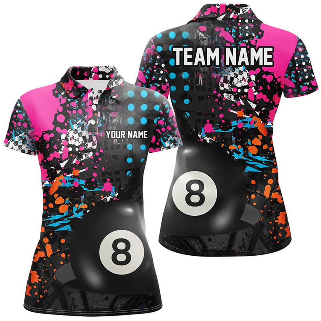 Custom Personalized 8 Ball Pool Grunge Colorful Billiard Polo Shirts for Women S-5XL