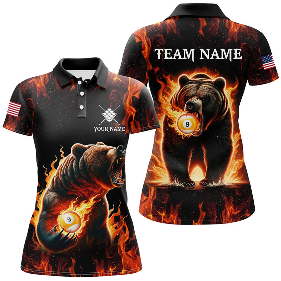 Custom Funny Bear 9 Ball Pool Fire Flame Billiard Women's Polo Shirts S-5XL