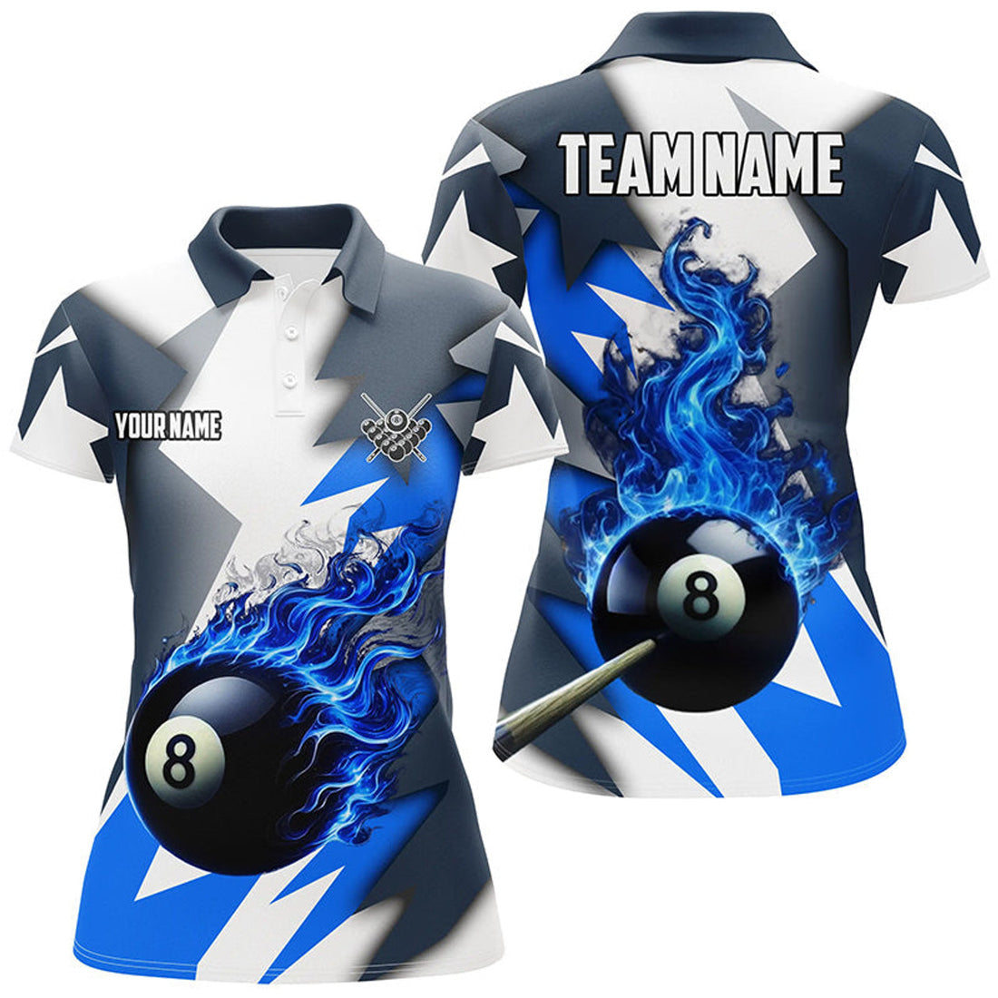 Custom Personalized Blue Flaming 8 Ball Pool Women's Polo Shirts S-5XL