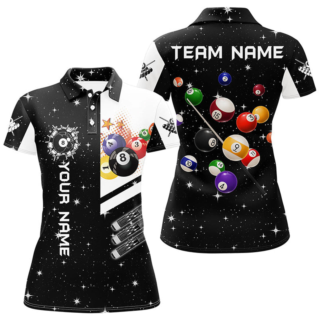 Custom Personalized Black 3D Billiard Balls Women's Polo Shirts S-5XL
