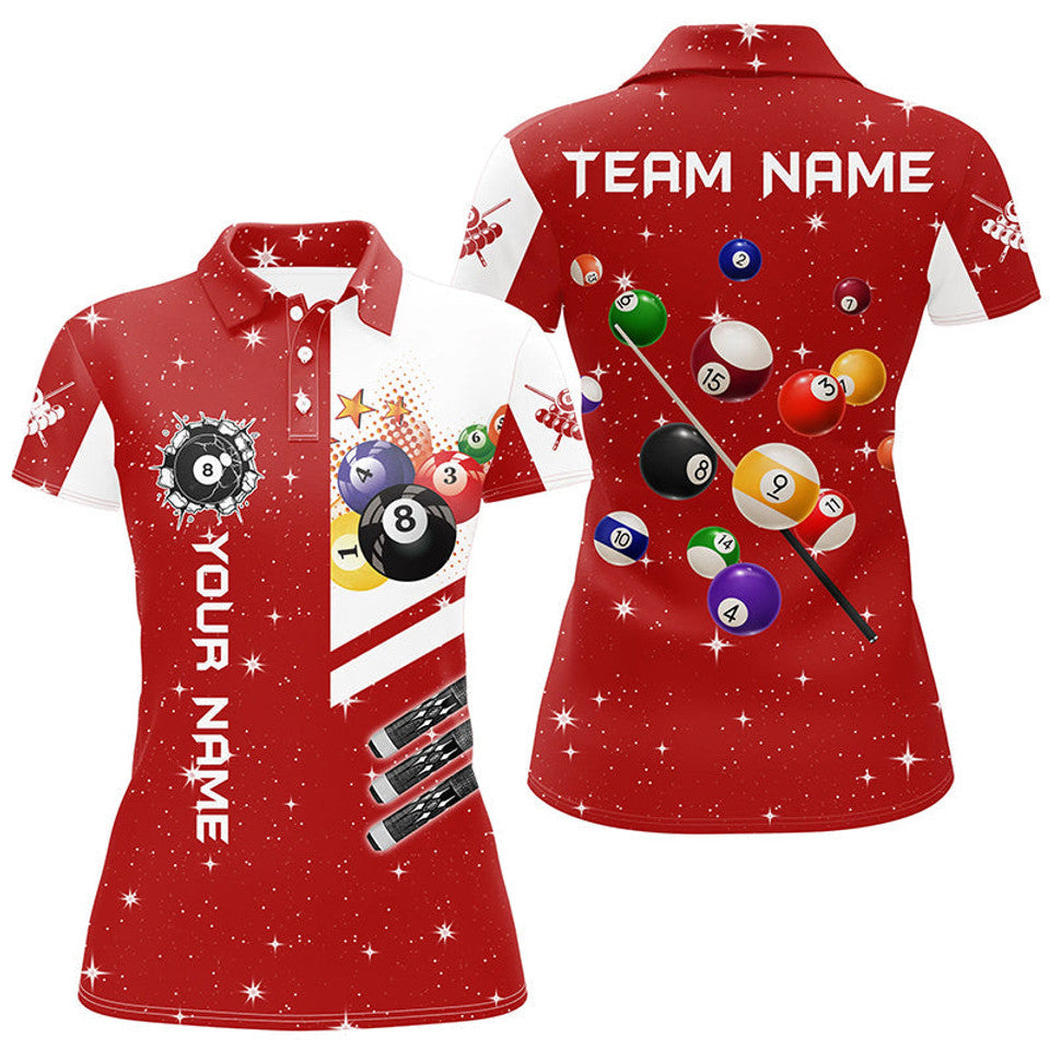 Custom Name Red 3D Billiard Balls Team League Women's Polo Shirts S-5XL