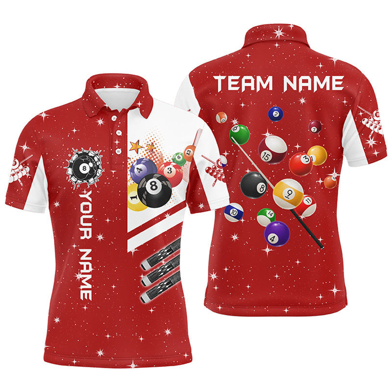 Personalized Red 3D Billiard Balls Custom Name Team League Men's Polo Shirt S-5XL
