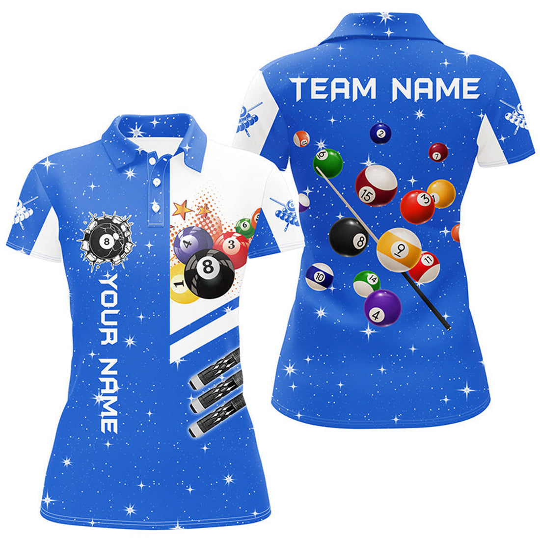 Custom Name Blue 3D Billiard Design Team League Women's Polo Shirts S-5XL