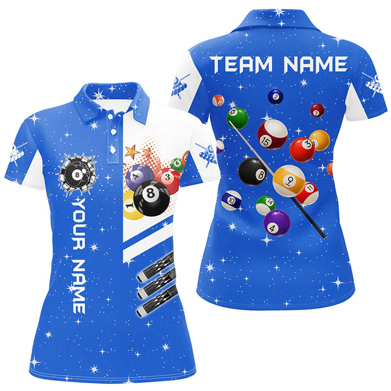 Custom Name Blue 3D Billiard Design Team League Women's Polo Shirts S-5XL