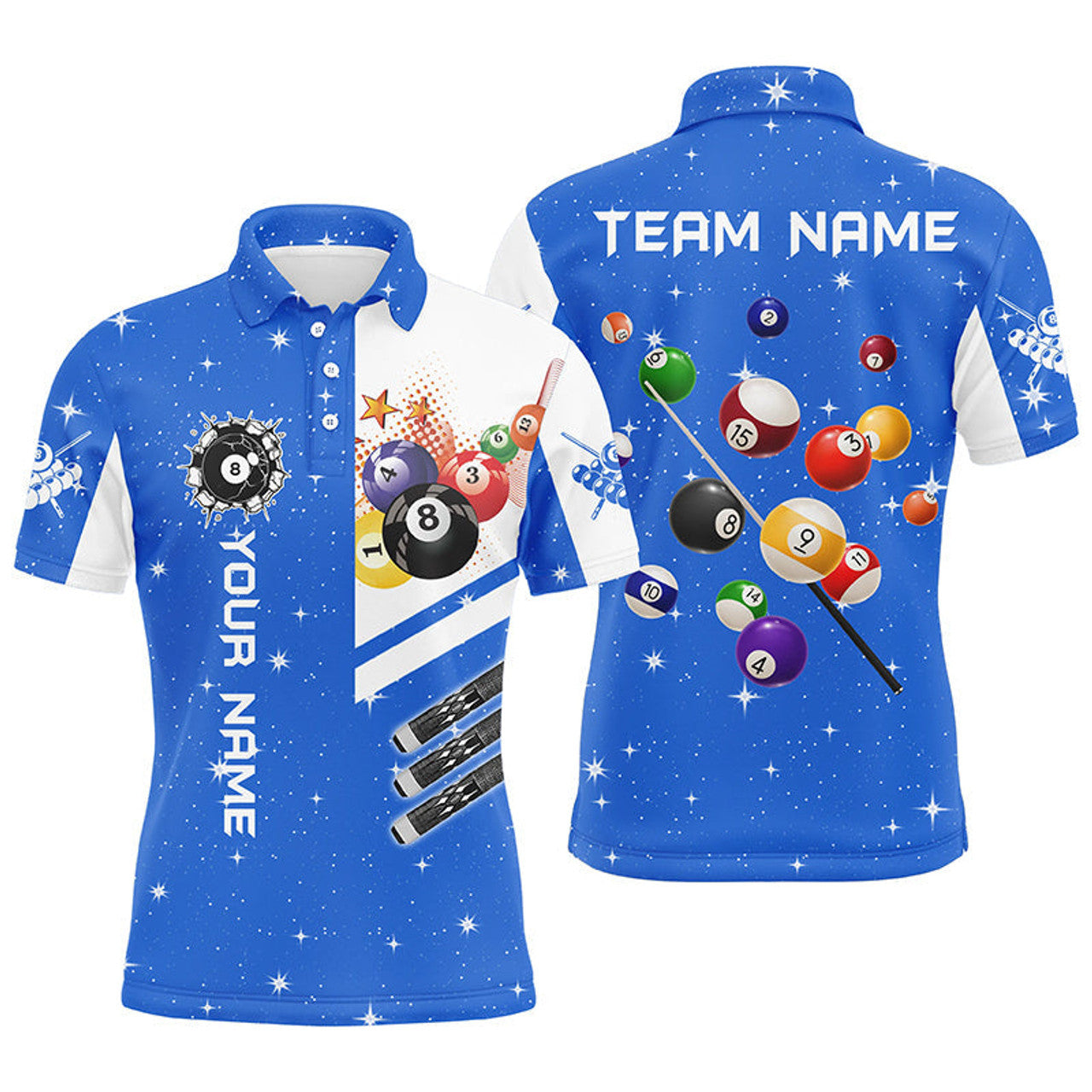 Personalized Blue 3D Billiard Balls Custom Name Billiard Men's Polo Shirt S-5XL