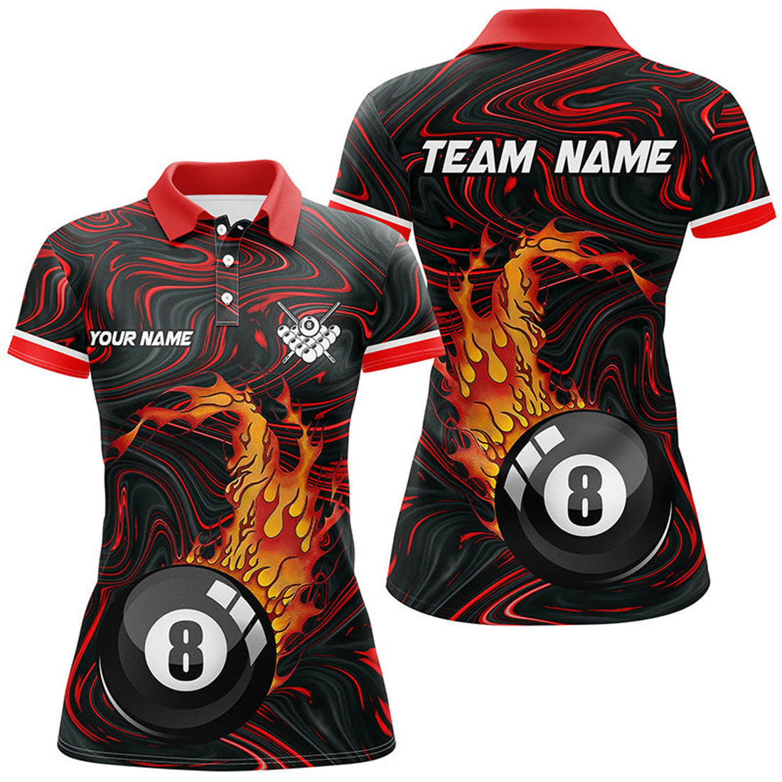 Custom Billiard 8 Ball Pool Fire Design for Pooler Women's Polo Shirts S-5XL