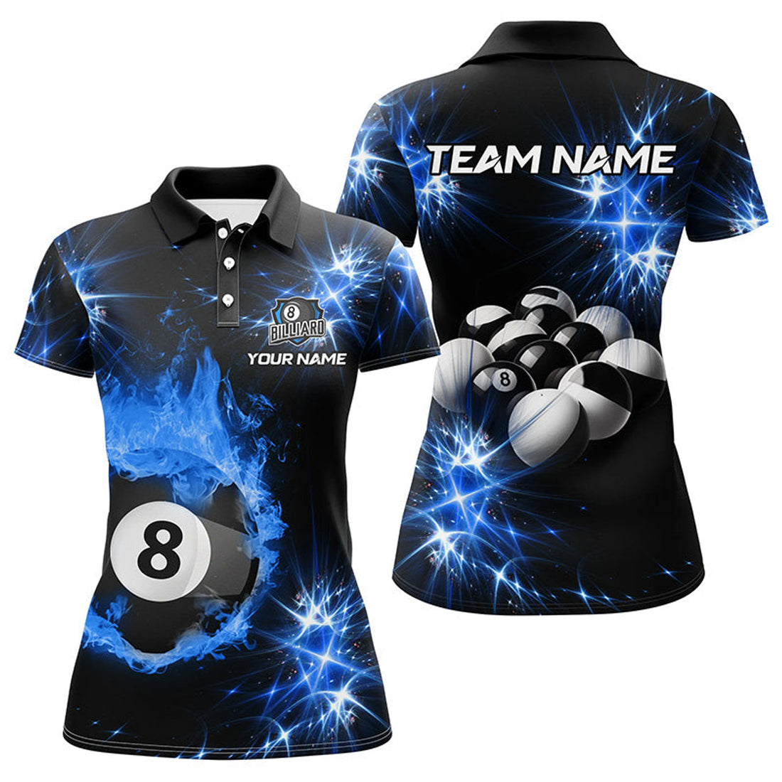 Custom Name Billiard Ball 8 with Blue Fire Design for Team Women's Polo Shirts S-5XL