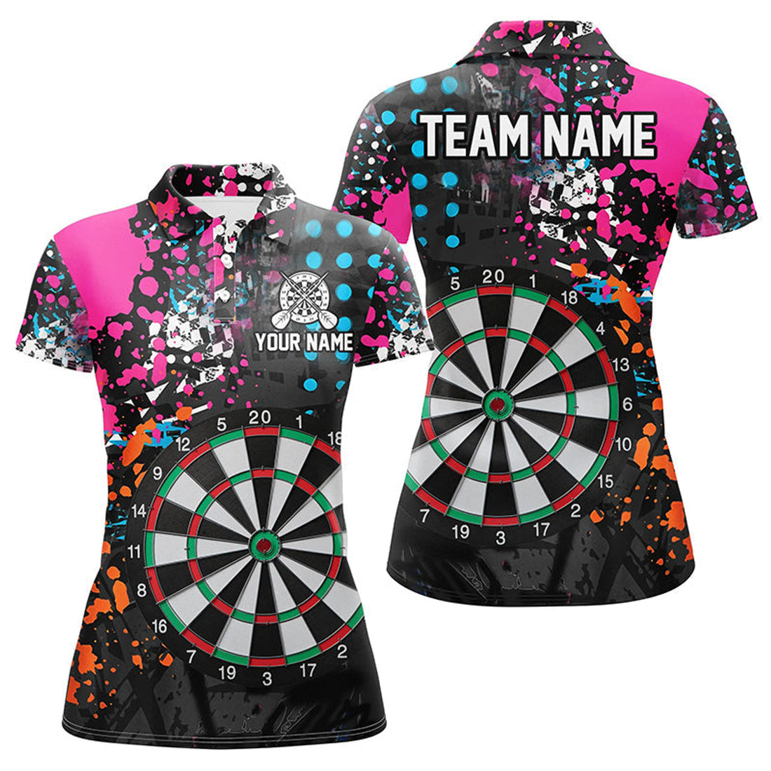 Custom Name Colorful Grunge Darts Design for Team Player Women's Polo Shirts S-5XL