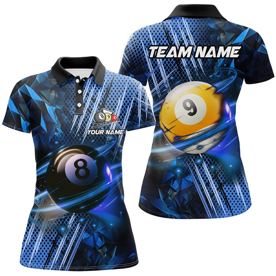 Custom Glowing Blue Billiard 8 Ball and 9 Ball Shirt for Women's Polo Shirts S-5XL