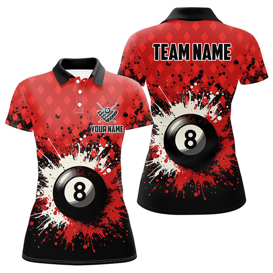 Custom Personalized Red Grunge 8 Ball Pool Team Uniform Women's Polo Shirts S-5XL