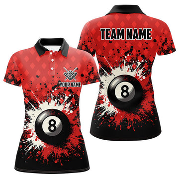 Custom Personalized Red Grunge 8 Ball Pool Team Uniform Women's Polo Shirts S-5XL