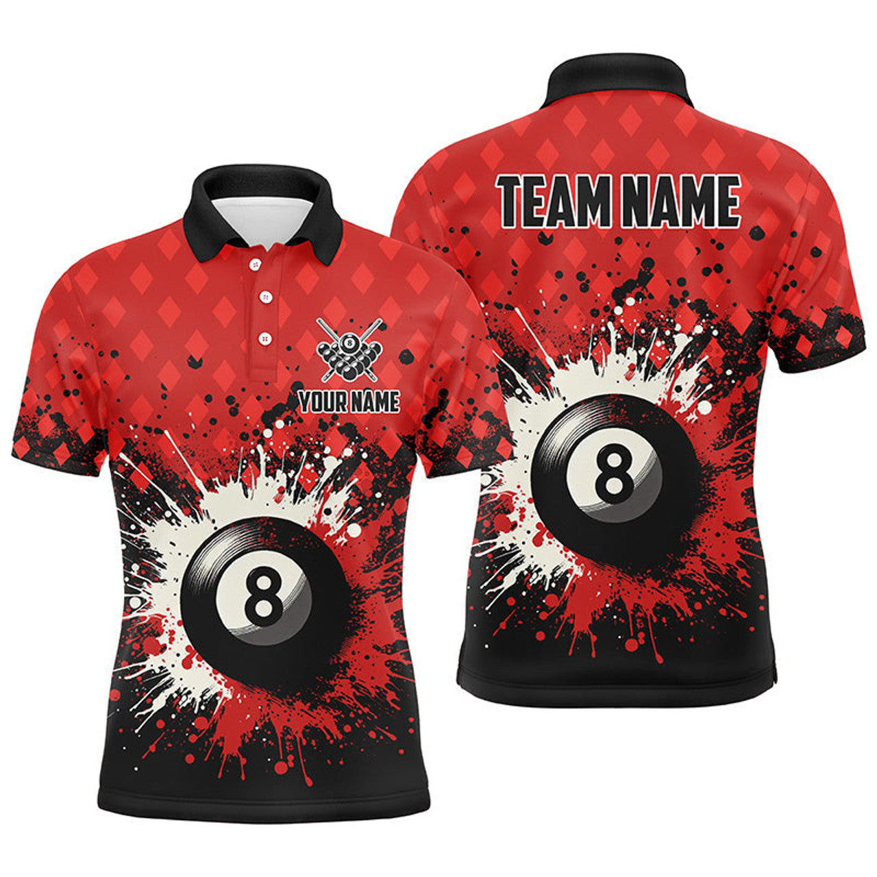 Personalized Red Grunge 8 Ball Pool Billiards Team Shirt Men's Polo Shirt S-5XL