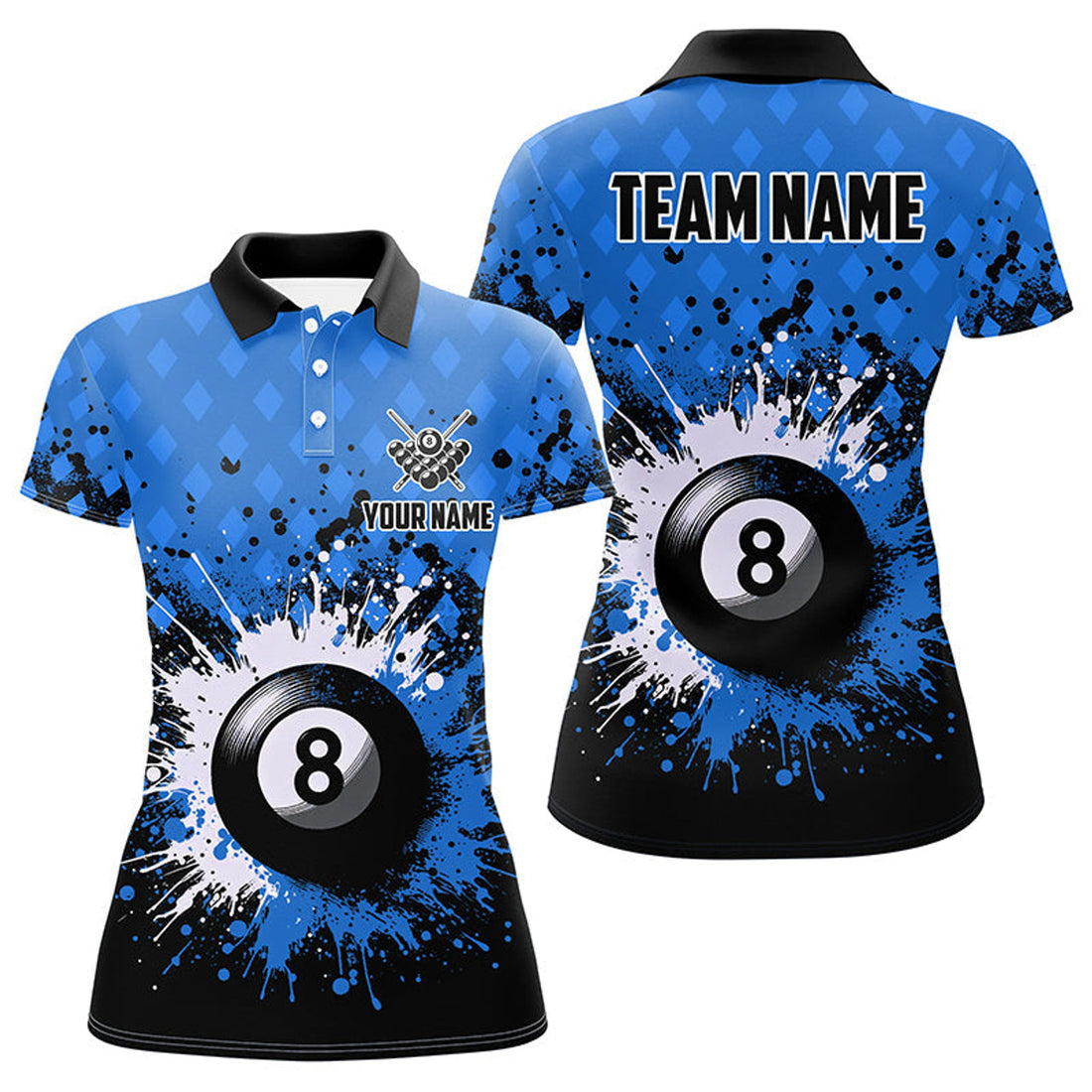 Custom Personalized Blue Grunge 8 Ball Pool Billiards Women's Polo Shirts S-5XL