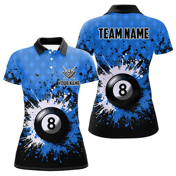 Custom Personalized Blue Grunge 8 Ball Pool Billiards Women's Polo Shirts S-5XL