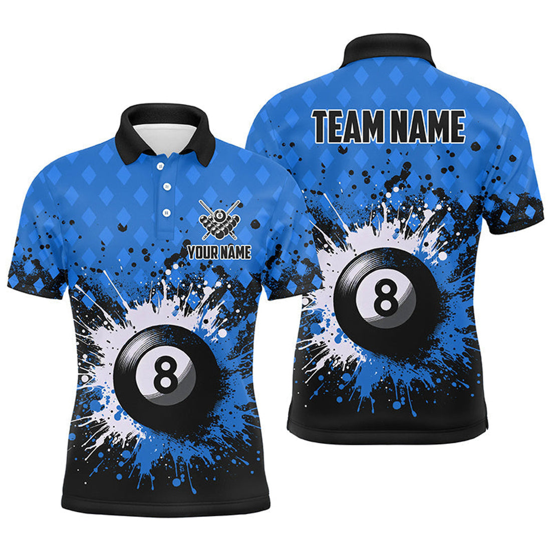 Personalized Blue Grunge 8 Ball Pool Men's Polo Shirt S-5XL