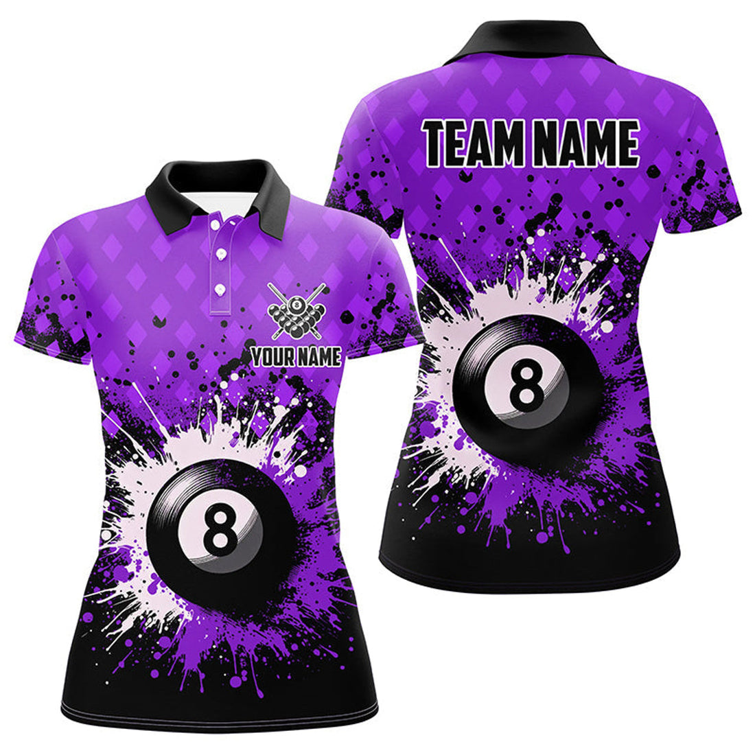 Custom Purple Grunge 8 Ball Pool Billiards Team Uniform Women's Polo Shirts S-5XL