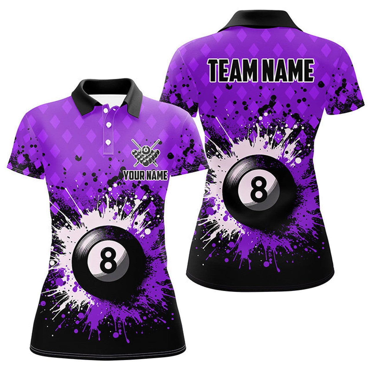 Custom Purple Grunge 8 Ball Pool Billiards Team Uniform Women's Polo Shirts S-5XL