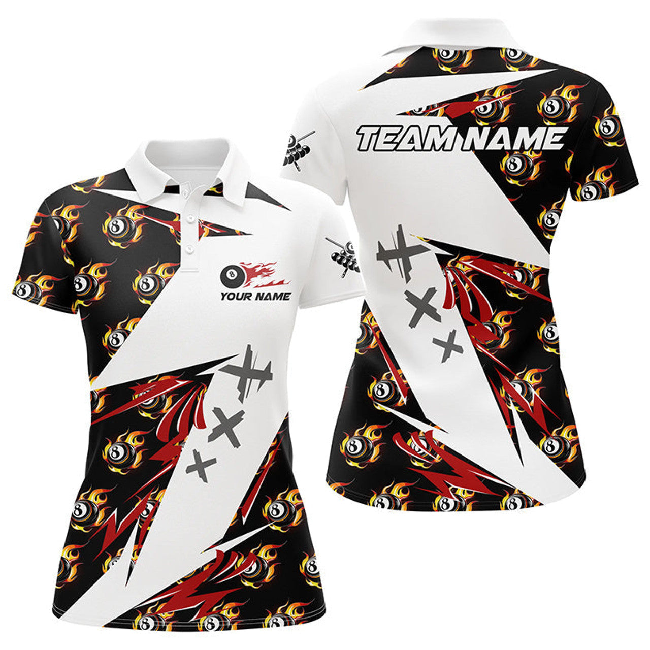 Custom Personalized Billiard 8 Ball Fire Flame Pattern Women's Polo Shirts S-5XL