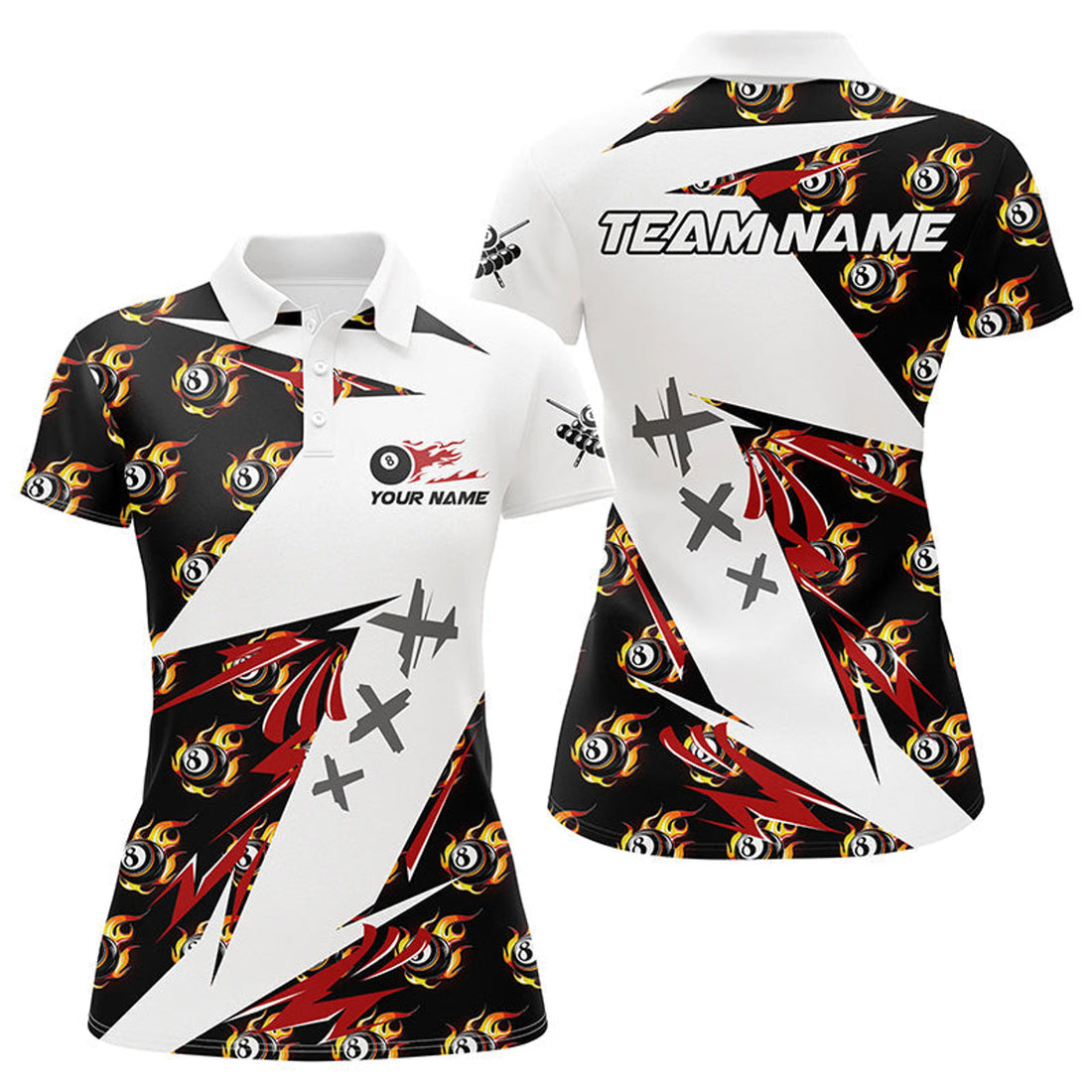 Custom Personalized Billiard 8 Ball Fire Flame Pattern Women's Polo Shirts S-5XL