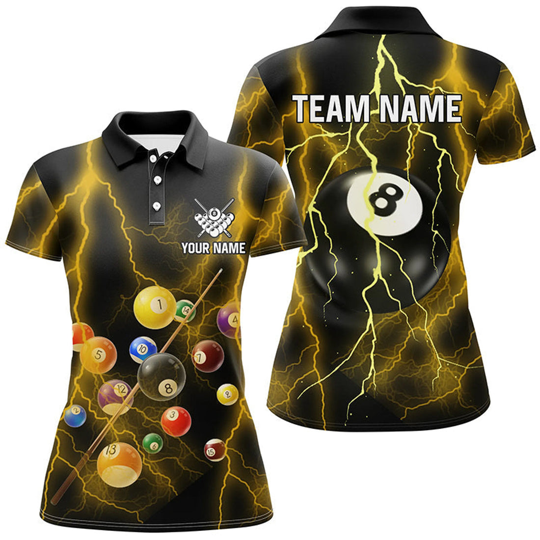 Custom Name 8 Ball Pool Thunder Lightning League Design Women's Polo Shirts S-5XL