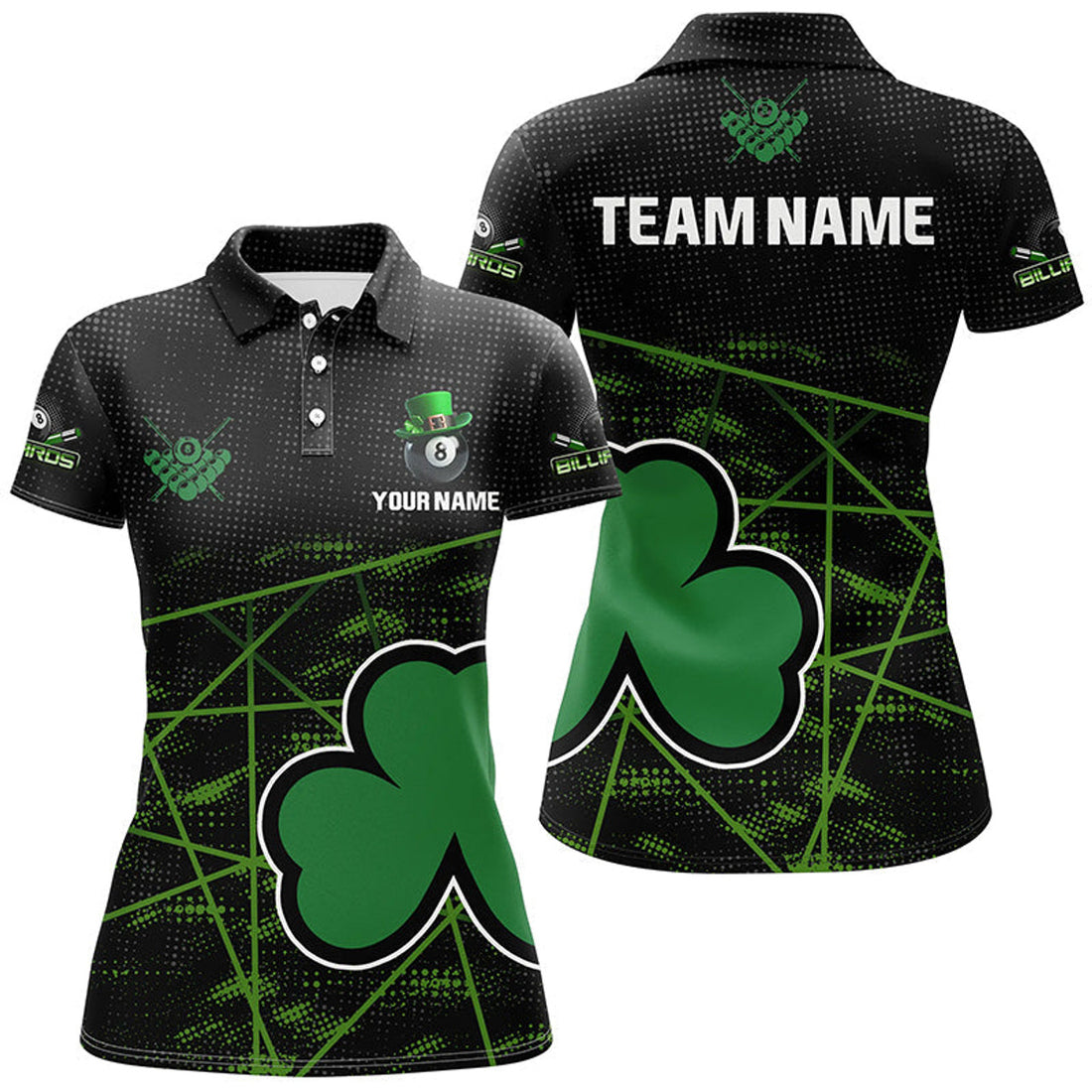 Custom Black Green St Patrick's Day Shamrock Billiards Women's Polo Shirts S-5XL