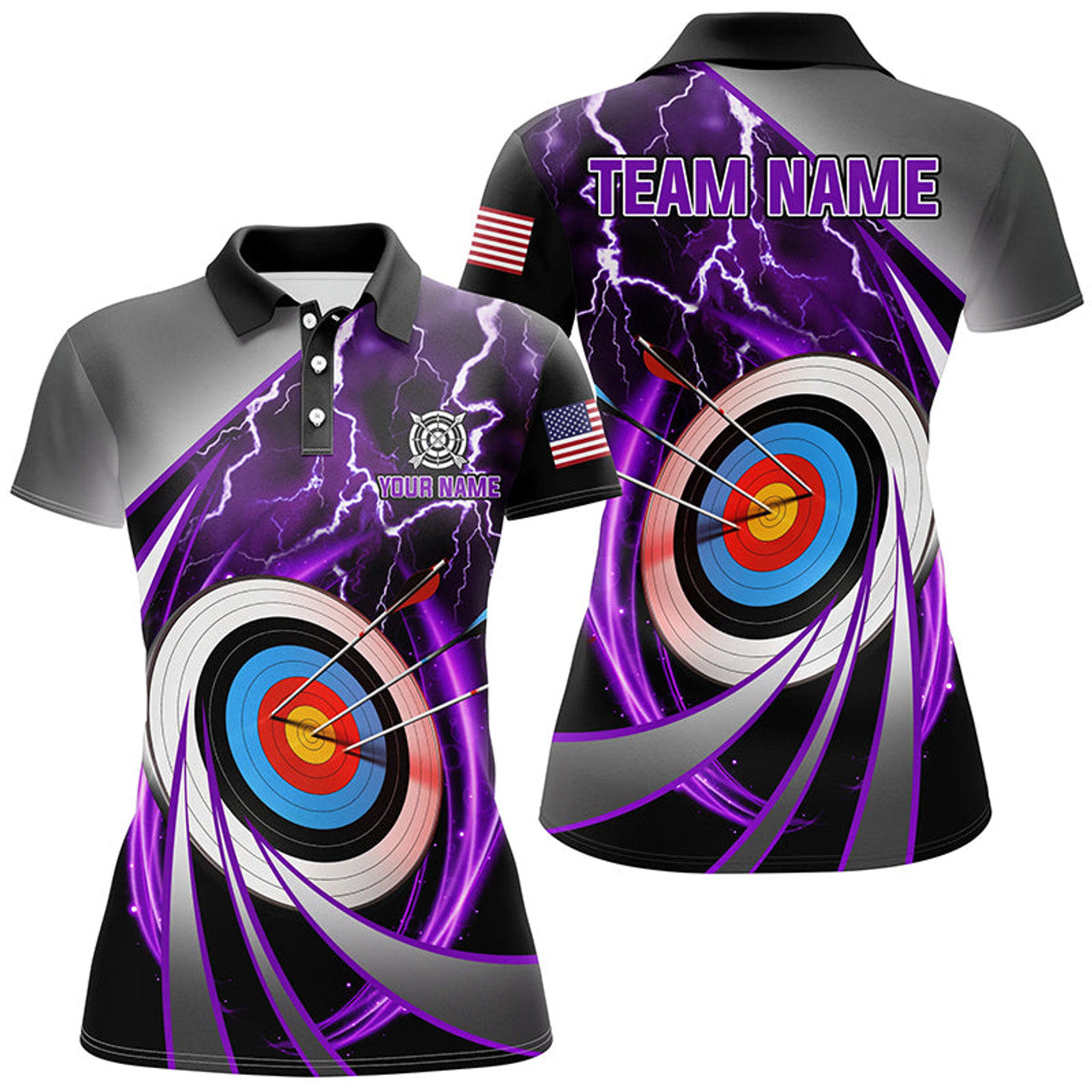 Custom Purple Archery Team League 3D Target Personalized Women's Polo Shirts S-5XL