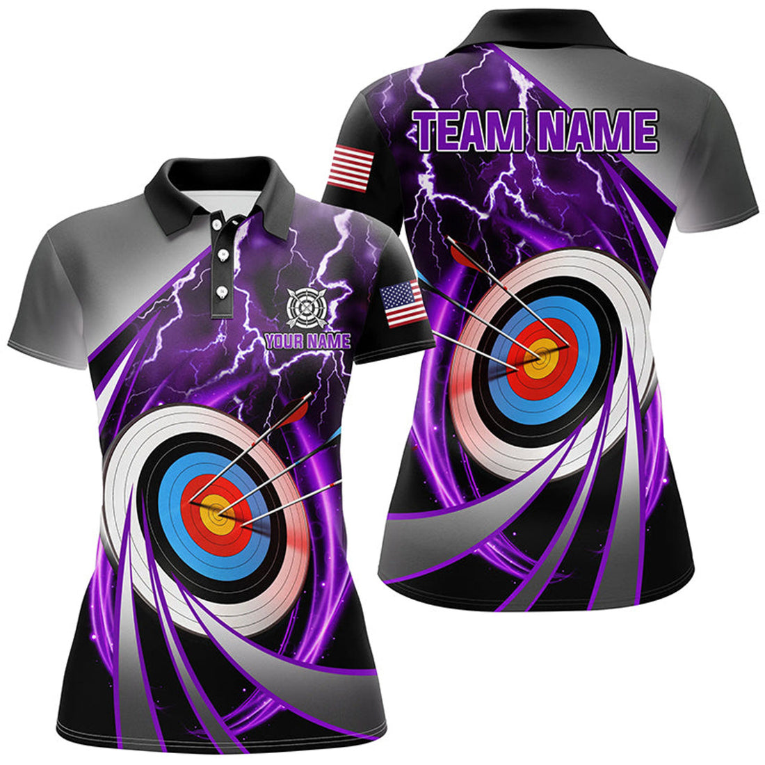 Custom Purple Archery Team League 3D Target Personalized Women's Polo Shirts S-5XL